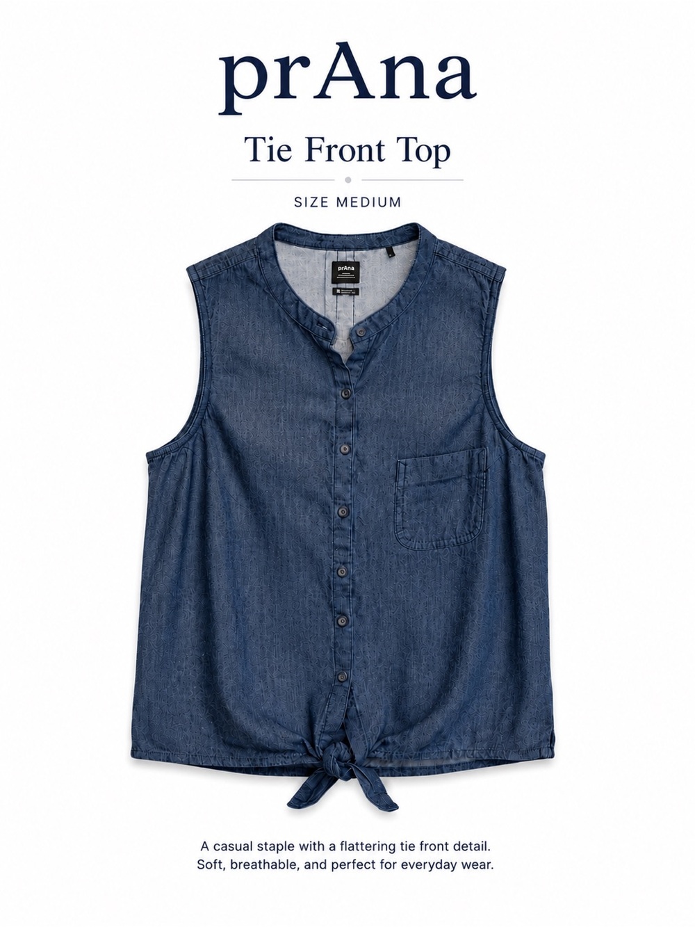 prAna Sleeveless Tie Front Chambray Top Size Medium Blue Button Front
